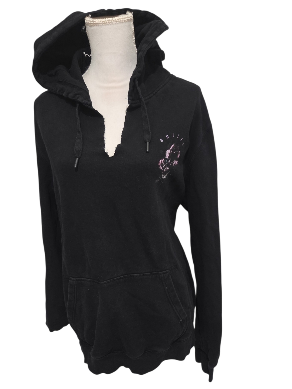 Sullen Black Hooded Pullover Sweatshirt with Distressed V-Neck Size Medium